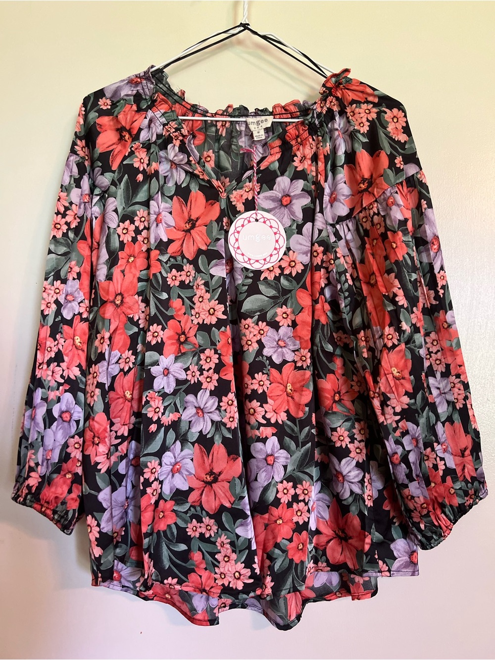 Umgee Black Floral Blouse with Red & Lavender Flowers